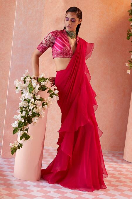 Ridhi Mehra_Pink Blouse Net Saree Chiffon Embroidery Flann Draped Ruffle With  _Online_at_Aza_Fashions