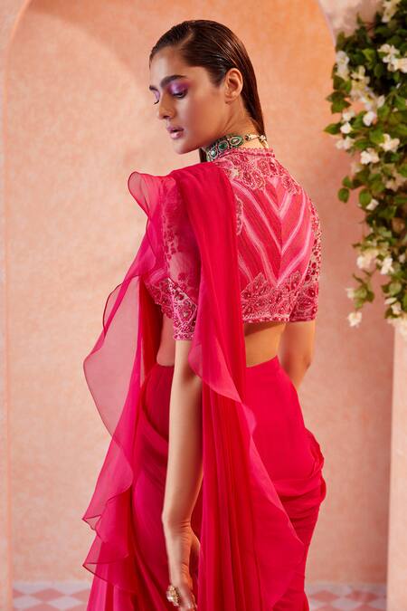 Buy_Ridhi Mehra_Pink Blouse Net Saree Chiffon Embroidery Flann Draped Ruffle With  _Online_at_Aza_Fashions