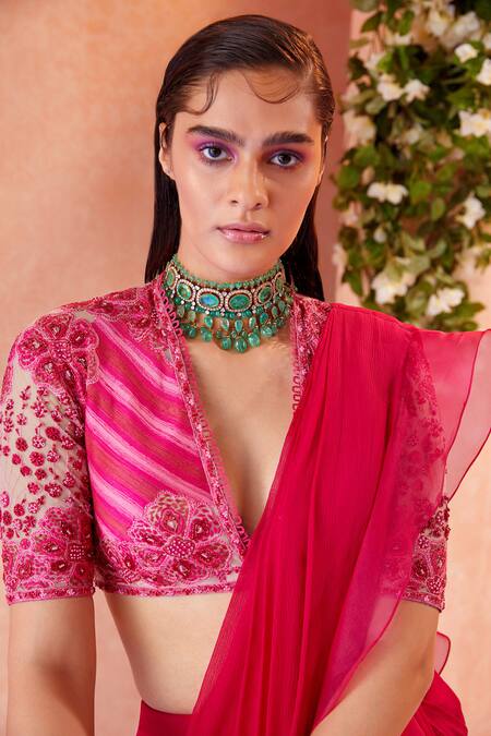 Shop_Ridhi Mehra_Pink Blouse Net Saree Chiffon Embroidery Flann Draped Ruffle With  _Online_at_Aza_Fashions