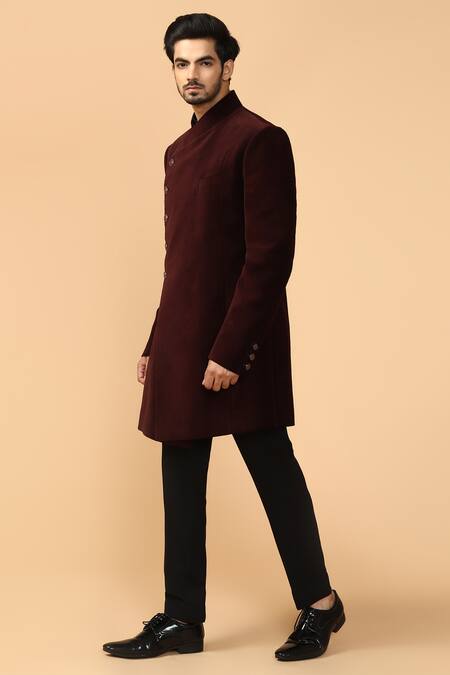 Tarun Tahiliani Wine Poly Velvet Bandhgala Trouser Set Online at Aza Fashions Tarun Tahiliani_Wine Poly Velvet Bandhgala Trouser Set _Online_at_Aza_Fashions