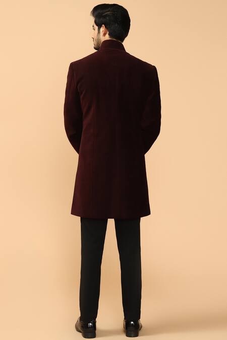 Shop Tarun Tahiliani Wine Poly Velvet Bandhgala Trouser Set at Aza Fashions Shop_Tarun Tahiliani_Wine Poly Velvet Bandhgala Trouser Set _at_Aza_Fashions