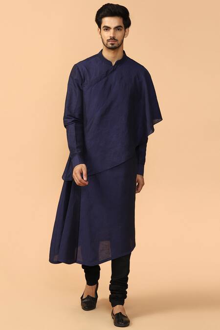 Tarun Tahiliani Blue Cotton Blend Overlay Kurta Churidar Set 