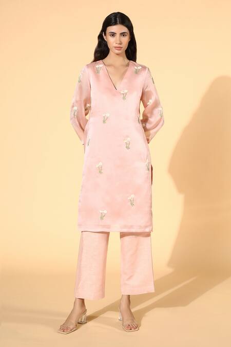 Buy_Meadow_Pink Tunic Silk Organza  Pant Linen Lining V And Set _Online_at_Aza_Fashions