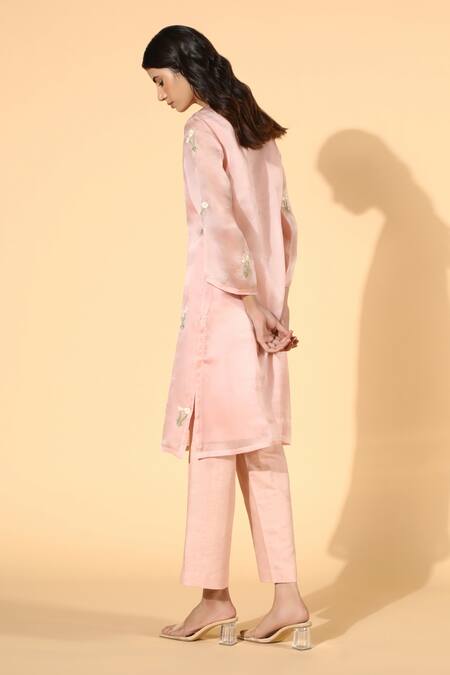 Shop_Meadow_Pink Tunic Silk Organza  Pant Linen Lining V And Set _at_Aza_Fashions