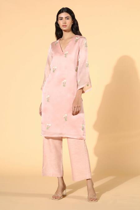 Meadow_Pink Tunic Silk Organza  Pant Linen Lining V And Set _Online_at_Aza_Fashions