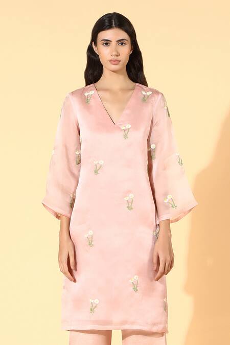 Shop_Meadow_Pink Tunic Silk Organza  Pant Linen Lining V And Set _Online_at_Aza_Fashions
