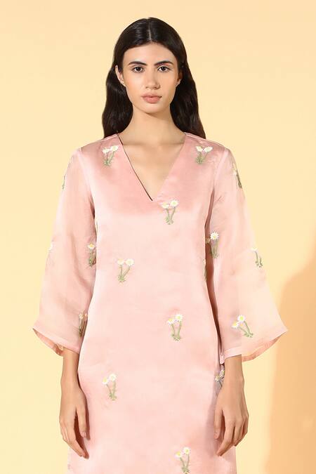 Meadow_Pink Tunic Silk Organza  Pant Linen Lining V And Set _at_Aza_Fashions