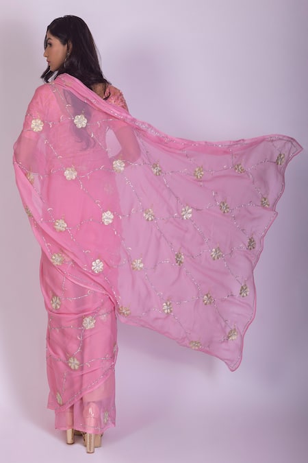 Shop Ruar India Pink Crepe, Chiffon Embellished Saree With Blouse at Aza Fashions Shop_Ruar India_Pink Crepe, Chiffon Embellished Saree With Blouse _at_Aza_Fashions
