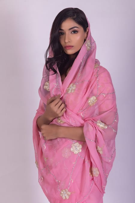 Ruar India Pink Crepe, Chiffon Embellished Saree With Blouse Online at Aza Fashions Ruar India_Pink Crepe, Chiffon Embellished Saree With Blouse _Online_at_Aza_Fashions