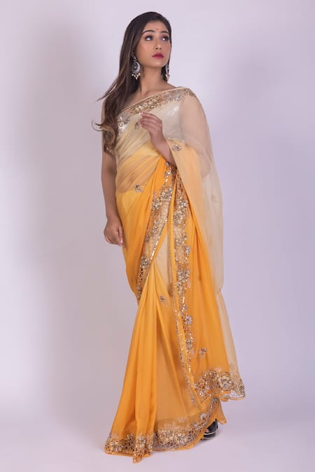 Ruar India_Beige Crepe, Chiffon Round Ombre Saree With Blouse _Online_at_Aza_Fashions