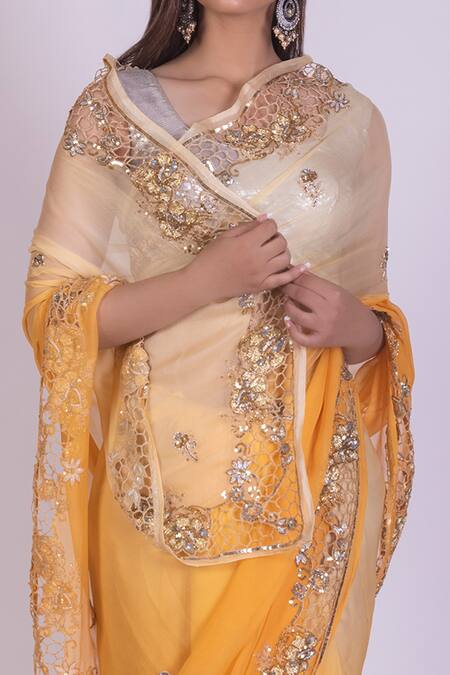 Buy_Ruar India_Beige Crepe, Chiffon Round Ombre Saree With Blouse _Online_at_Aza_Fashions