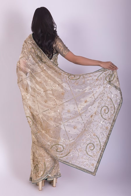 Shop Ruar India Beige Tissue, Crepe Embroidered Saree With Blouse at Aza Fashions Shop_Ruar India_Beige Tissue, Crepe Embroidered Saree With Blouse _at_Aza_Fashions