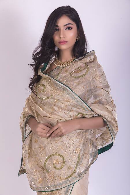 Ruar India Beige Tissue, Crepe Embroidered Saree With Blouse Online at Aza Fashions Ruar India_Beige Tissue, Crepe Embroidered Saree With Blouse _Online_at_Aza_Fashions