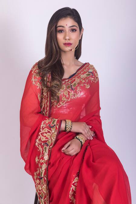 Ruar India_Red Crepe, Chiffon Round Embroidered Saree With Blouse  _Online_at_Aza_Fashions
