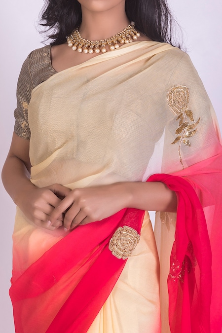 Adorable Red- Beige Silk Saree with Wine Blouse