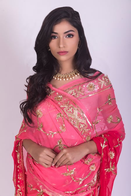 Buy Pink Chiffon Ombre Saree With Blouse For Women by Ruar India Online at  Aza Fashions.