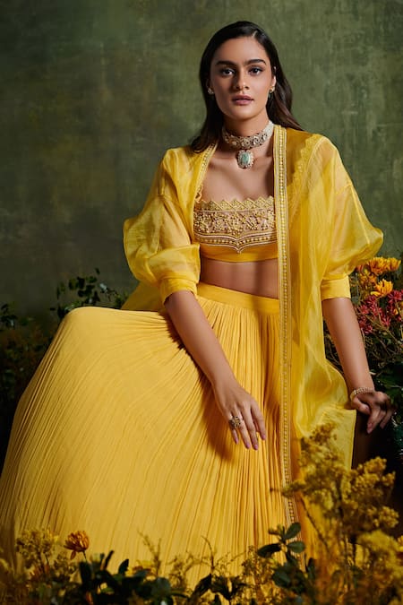 Ridhi Mehra_Yellow Chanderi, Blouse Net, Cape Organza, Lehenga Chiffon Floral And Set _Online_at_Aza_Fashions
