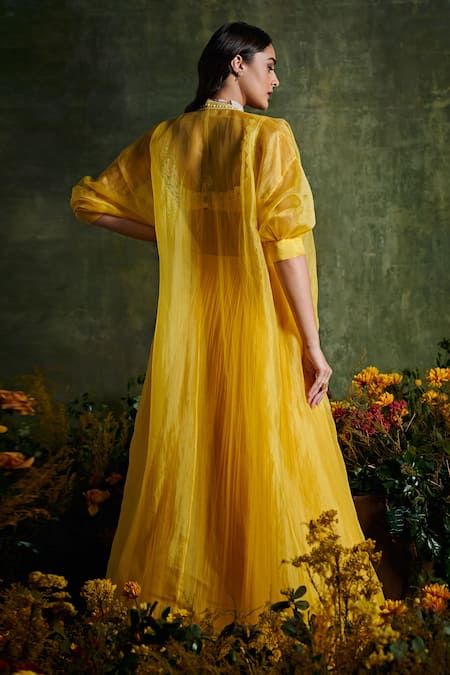 Shop_Ridhi Mehra_Yellow Chanderi, Blouse Net, Cape Organza, Lehenga Chiffon Floral And Set _at_Aza_Fashions