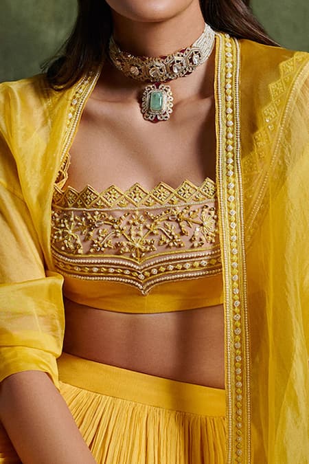 Buy_Ridhi Mehra_Yellow Chanderi, Blouse Net, Cape Organza, Lehenga Chiffon Floral And Set _Online_at_Aza_Fashions