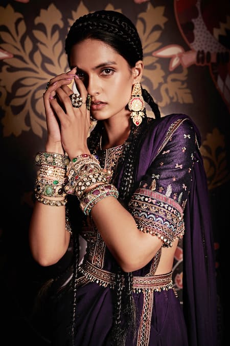 Ridhi Mehra_Purple Blouse Raw Silk Embroidery Round Pre-draped Saree With  _Online_at_Aza_Fashions