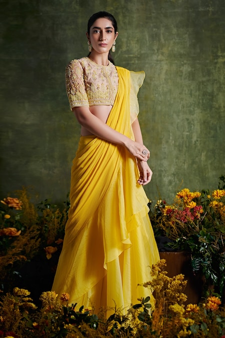 Shaded Yellow and Peach Faux Chiffon Saree With Blouse at best price in  Kolkata