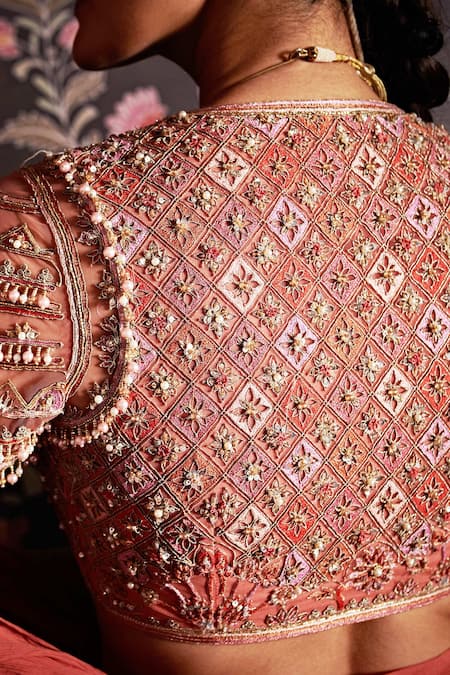 Buy Ridhi Mehra Peach Blouse Net Embroidery V Neck Ruffle Pre-draped Saree With Online at Aza Fashions Buy_Ridhi Mehra_Peach Blouse Net Embroidery V Neck Ruffle Pre-draped Saree With _Online_at_Aza_Fashions