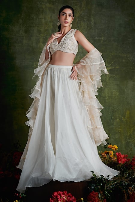 Ridhi Mehra White Blouse Net Lehenga  Dupatta Bridal Set  