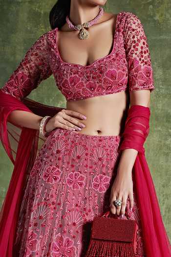 Ridhi Mehra_Pink Net Floral Scoop Neck Embroidered Bridal Lehenga Set _Online_at_Aza_Fashions