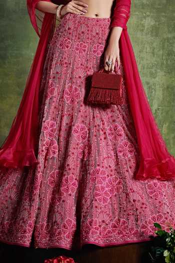 Buy_Ridhi Mehra_Pink Net Floral Scoop Neck Embroidered Bridal Lehenga Set _Online_at_Aza_Fashions