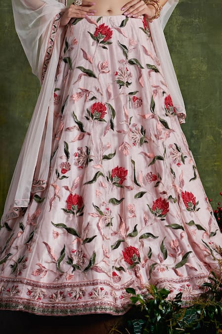 Buy_Ridhi Mehra_Pink Net Floral Scoop Neck Embroidered Bridal Lehenga Set _Online_at_Aza_Fashions