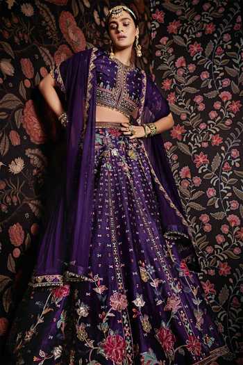 Ridhi Mehra_Purple Blouse And Lehenga Raw Silk Dupatta Net Round Embroidered Bridal Set _Online_at_Aza_Fashions