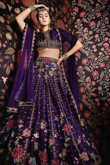 Buy_Ridhi Mehra_Purple Blouse And Lehenga Raw Silk Dupatta Net Round Embroidered Bridal Set _Online_at_Aza_Fashions