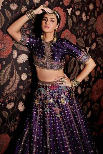 Shop_Ridhi Mehra_Purple Blouse And Lehenga Raw Silk Dupatta Net Round Embroidered Bridal Set _Online_at_Aza_Fashions
