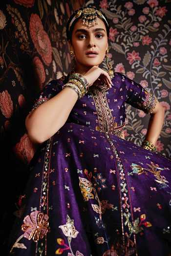 Ridhi Mehra_Purple Blouse And Lehenga Raw Silk Dupatta Net Round Embroidered Bridal Set _at_Aza_Fashions