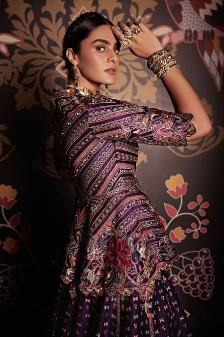 Ridhi Mehra Purple Kurta And Lehenga Raw Silk Embroidery Round & Bridal Set Online at Aza Fashions Ridhi Mehra_Purple Kurta And Lehenga Raw Silk Embroidery Round & Bridal Set _Online_at_Aza_Fashions