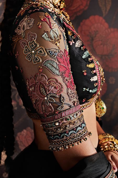 Shop Ridhi Mehra Black Blouse And Lehenga Raw Silk Dupatta Net V Neck Embroidered Set Online at Aza Fashions Shop_Ridhi Mehra_Black Blouse And Lehenga Raw Silk Dupatta Net V Neck Embroidered Set _Online_at_Aza_Fashions