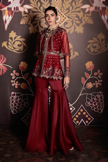 Ridhi Mehra_Maroon Kurta Net Sharara Organza Embroidery Round Peplum And Set  _Online_at_Aza_Fashions
