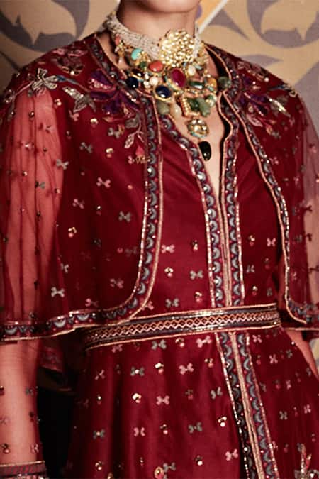 Buy_Ridhi Mehra_Maroon Kurta Net Sharara Organza Embroidery Round Peplum And Set  _Online_at_Aza_Fashions