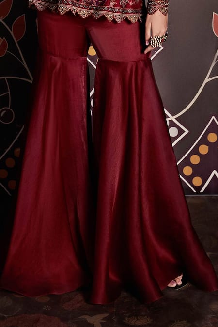 Shop_Ridhi Mehra_Maroon Kurta Net Sharara Organza Embroidery Round Peplum And Set  _Online_at_Aza_Fashions