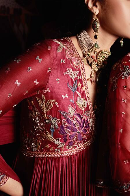Buy_Ridhi Mehra_Maroon Anarkali Silk, Dupatta Net V Neck With _Online_at_Aza_Fashions