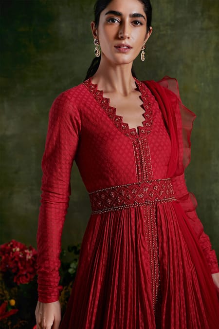 Buy_Ridhi Mehra_Red Anarkali Chanderi Jacquard Dupatta Net Embroidered Floral With  _Online_at_Aza_Fashions