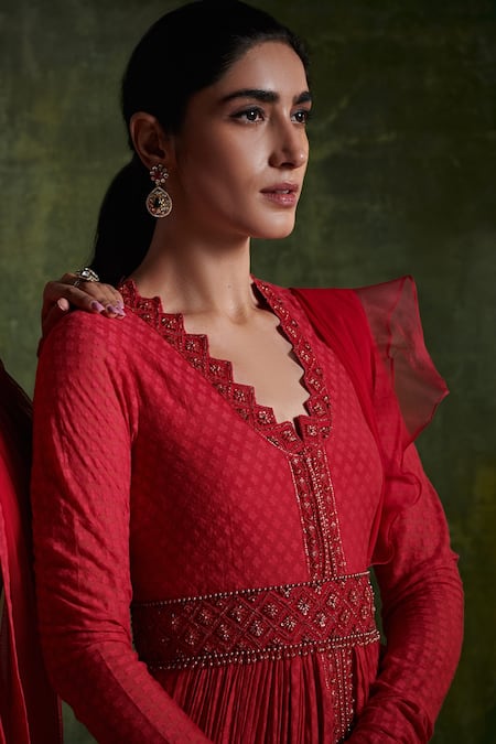 Shop_Ridhi Mehra_Red Anarkali Chanderi Jacquard Dupatta Net Embroidered Floral With  _Online_at_Aza_Fashions