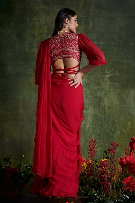 Shop Ridhi Mehra Red Blouse Net, Saree Floral V Neck Pre-draped With at Aza Fashions Shop_Ridhi Mehra_Red Blouse Net, Saree Floral V Neck Pre-draped With _at_Aza_Fashions
