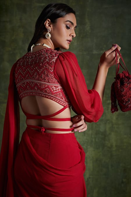 Buy Ridhi Mehra Red Blouse Net, Saree Floral V Neck Pre-draped With Online at Aza Fashions Buy_Ridhi Mehra_Red Blouse Net, Saree Floral V Neck Pre-draped With _Online_at_Aza_Fashions