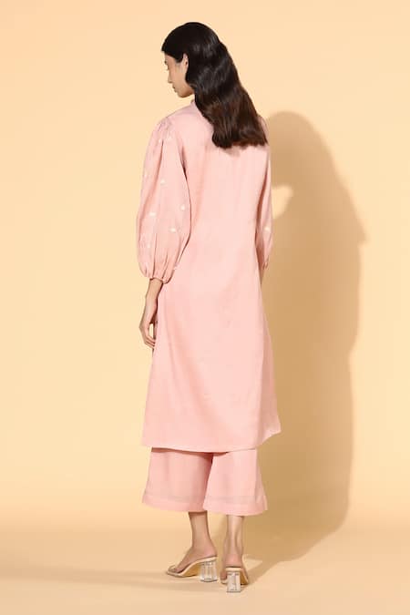 Shop Meadow Pink Tunic And Pants Silk Organza Lining Stand Collar & Set at Aza Fashions Shop_Meadow_Pink Tunic And Pants Silk Organza Lining Stand Collar & Set _at_Aza_Fashions