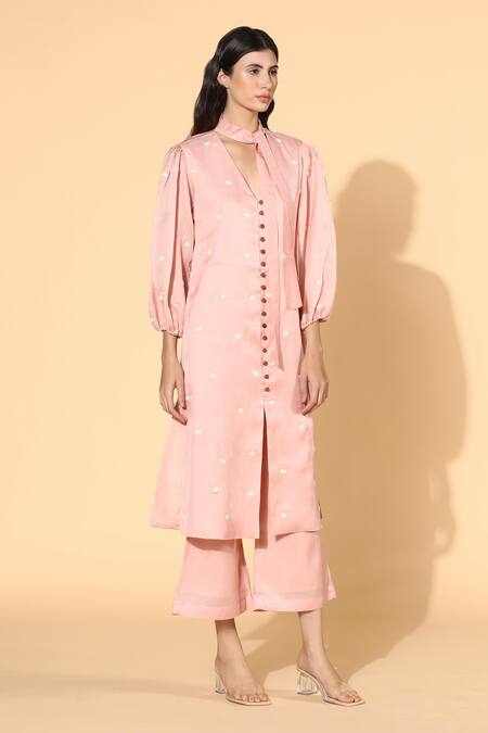 Meadow Pink Tunic And Pants Silk Organza Lining Stand Collar & Set Online at Aza Fashions Meadow_Pink Tunic And Pants Silk Organza Lining Stand Collar & Set _Online_at_Aza_Fashions