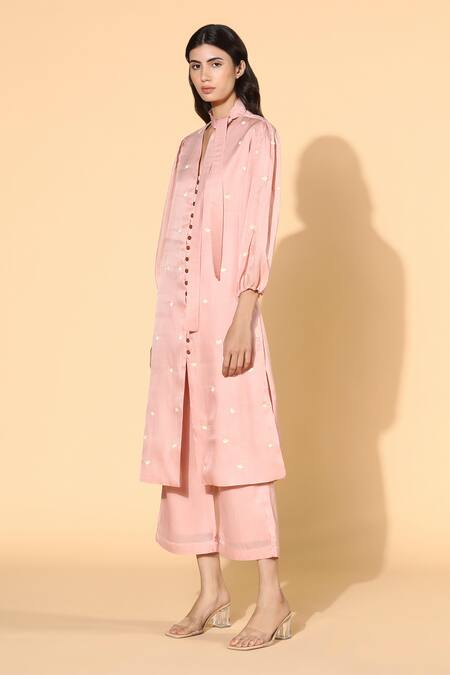 Buy Meadow Pink Tunic And Pants Silk Organza Lining Stand Collar & Set Online at Aza Fashions Buy_Meadow_Pink Tunic And Pants Silk Organza Lining Stand Collar & Set _Online_at_Aza_Fashions
