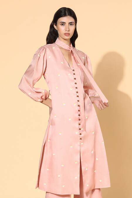 Shop Meadow Pink Tunic And Pants Silk Organza Lining Stand Collar & Set Online at Aza Fashions Shop_Meadow_Pink Tunic And Pants Silk Organza Lining Stand Collar & Set _Online_at_Aza_Fashions