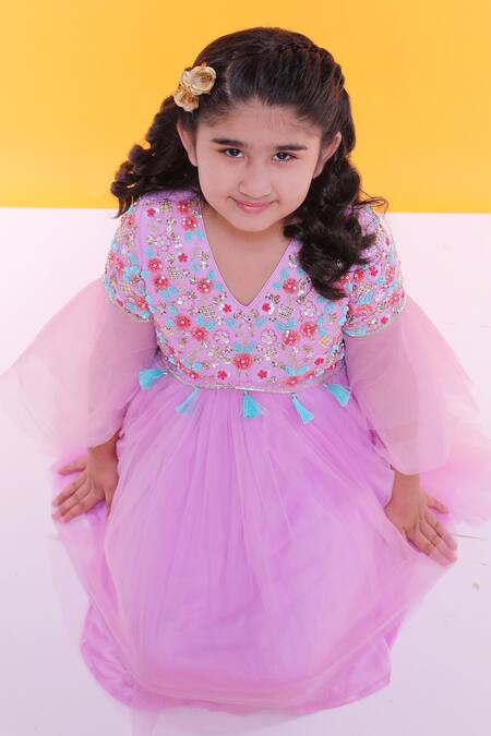 Ranikidswear_Purple Net, Cotton Satin Tassels, Embroidery Kurta Set_Online_at_Aza_Fashions