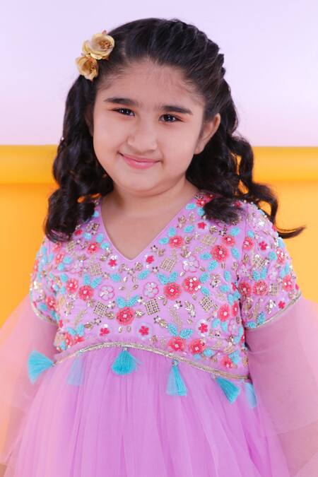 Buy_Ranikidswear_Purple Net, Cotton Satin Tassels, Embroidery Kurta Set_Online_at_Aza_Fashions